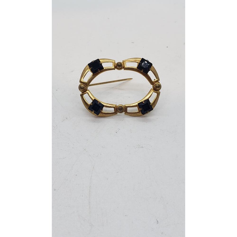 Vintage 10k Gold Plate Brooch Pin Art Deco Oval Openwork Black Rhinestone - Picture 12 of 16